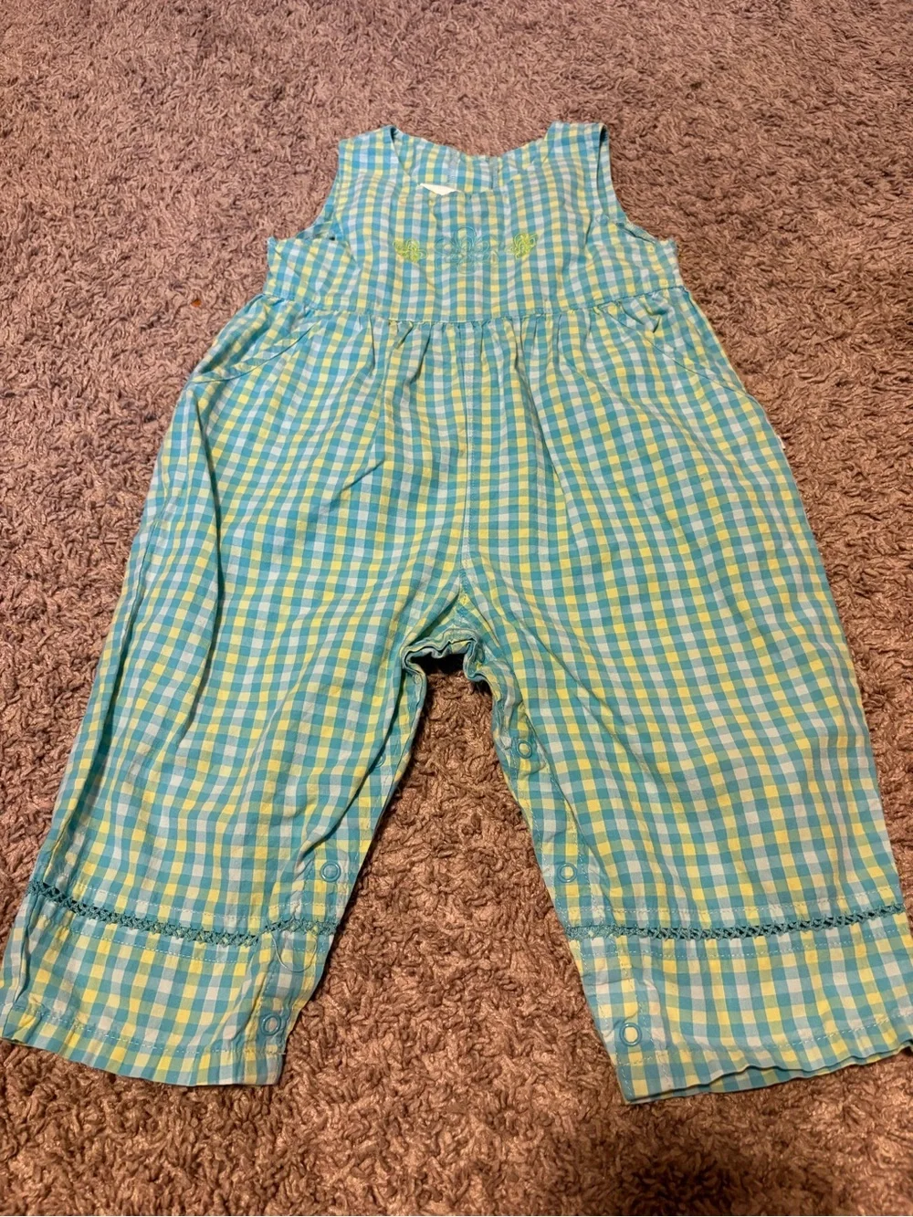 Vintage OshKosh/ Blue Gingham floral embroidered romper
